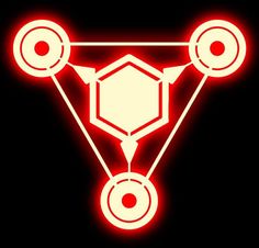 a red neon sign with three circles around it on a black background that says,