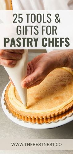 a person is decorating a pastry with the words 25 tools and gifts for pastry chefs