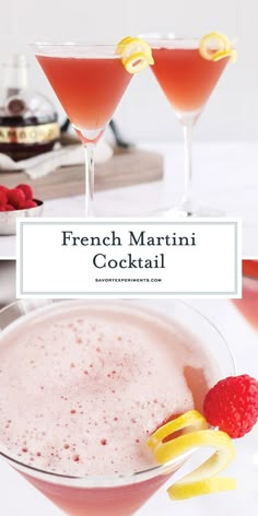 french martini cocktail with raspberries and lemon wedges