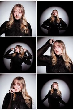 a collage of photos of a blonde woman posing for the camera with her hands on her head