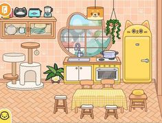 the kitchen is clean and ready to be used in this video game, with cats on the counter