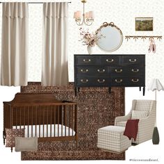 a baby's room with furniture and decor including a crib, dresser, chair, mirror, lamp, and window