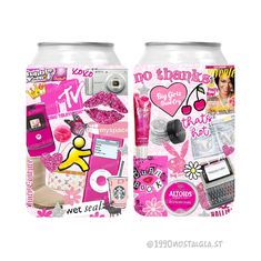 two cans with pink and white designs on them, one has a cell phone in it