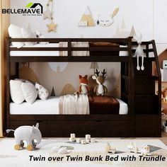 twin over twin bunk bed with trundle and toy animals on the bottom shelf