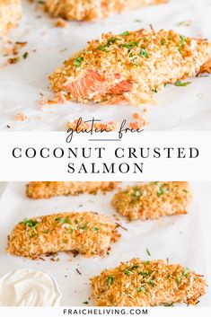 coconut crusted salmon on parchment paper with mayonnaise in the background and text overlay that reads, gluten for coconut crusted salmon