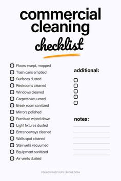 a cleaning checklist with the words commercial cleaning checklist written in orange and black