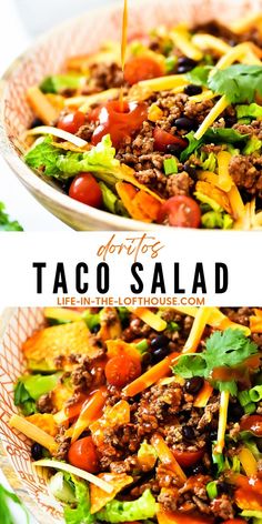 two pictures of taco salad with lettuce and tomatoes