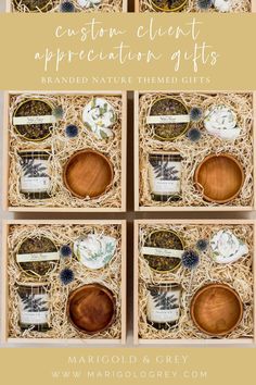 four wooden coasters in a box with text overlay that reads custom elegant appreciation gifts handmade nature thermometers