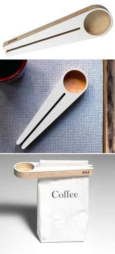 three different types of wooden spoons on top of each other, with coffee in the middle