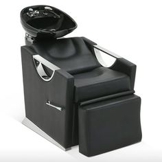 a black chair with a bowl on top of it's back and foot rest