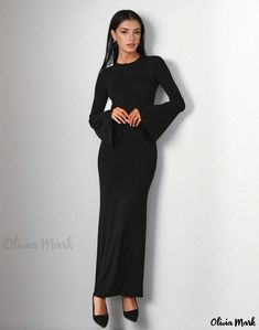 Olivia Mark - Long-Sleeve Solid Color Backless Maxi Dress: Elegant Flared Sleeve Evening Gown Maxi Dress Elegant, Evening Gowns With Sleeves, Backless Maxi Dress, Brown Outfit, Neck Bodycon Dress, Backless Maxi Dresses, Round Neck Dresses, Home Dress, Crewneck Dress