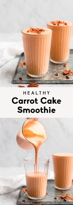 carrot cake smoothie is being drizzled with milk