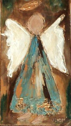 an angel painting with blue and white wings