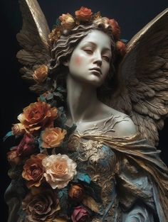 a statue of an angel with flowers on her chest and wings over her head, in front of a black background