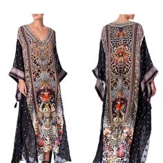 Camilla Kaftan In Printed Silk With Crystal Embellishments. Sheer Sleeves And Side Panels. V Neckline. Long Sleeves. Relaxed Fit. Maxi Length. Slipover Style. Dry Clean. Os. Gorgeous Kaftan By Camilla, Pure Silk. Bohemian Floral Print Evening Kaftan, Bohemian Silk Kaftan For Evening, Black Bohemian Embellished Kaftan, Black Embellished Bohemian Kaftan, Elegant Black Kaftan With Floral Print, Embellished Black Bohemian Kaftan, Bohemian Long Kaftan For Evening, Long Bohemian Evening Kaftan, Black Silk Maxi Kaftan