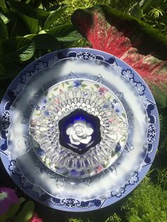 a blue and white plate with a flower on it in the middle of some grass