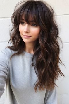 26+ Long Hairstyles With Bangs 1 Hair Ideas For Brunettes With Bangs, Short Bangs Long Hair Layered Cuts, Medium Long Brown Hair, Brunette Hair With Bangs Medium, Dark Brown Hair With Long Bangs, Brunette Layers With Bangs, Brown Long Hair With Bangs, Hair Styles With Bangs Medium Layered, Highlights Brown Hair With Bangs