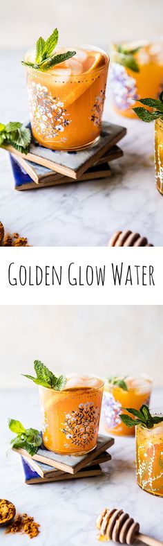 two images show the different stages of how to make golden glow water with honey and mint