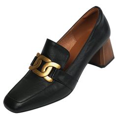 Looking for a versatile pair of shoes that can be dressed up or down? Check out our black loafer heels! These square-toed beauties are made of premium leather and feature gold metal hardware. They're the perfect shoes for any occasion. whether you're headed to the office or out on the town. Plus. they're so comfortable you'll want to wear them all day long. Don't miss out on this must-have style! Upper: Leather Lining: Leather Outsole: TPR Toe: Square Toe Closure: Slip on Heel: 5cm/2'' Color: Bl Square Toe Loafers With Padded Heel For Office, Office Loafers With Padded Heel And Square Toe, Chic Office Heels With Gold-tone Hardware, Chic Square Toe Loafers With Padded Heel, Chic Loafers With Padded Heel And Square Toe, Square Toe Leather Shoes For Office, Luxury Square Toe Leather Shoes For Office, Luxury Square Toe Leather Office Shoes, Chic Court Shoes With Metal Feet For Work