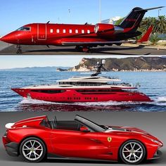 there are two different pictures of a red car and a jet boat on the water