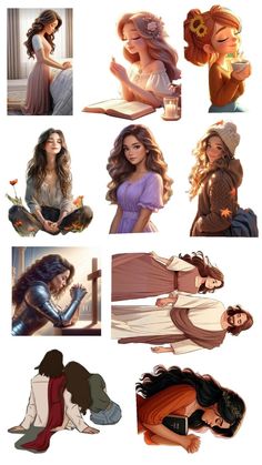 many different pictures of women with long hair and one woman holding a book in her hand