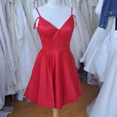 Short Satin Strappy Red Dress With Pockets! Pleated Front Skirt. Perfect For Homecoming Or Formal. Store Sample In Good Sample Condition Tried On In Boutique. Val Stefani Style 3660rw Size 8. Bust 35.5" Waist 28.5" Measured On Mannequin. Dresses Short Red, Short Red Dress, Short Satin, Red Dress Short, Size 8 Dress, Dresses Short, Dress With Pockets, Red Dress, Homecoming