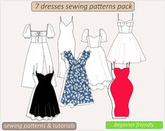 four dresses sewing patterns and instructions for beginners to sew on the sewing machine