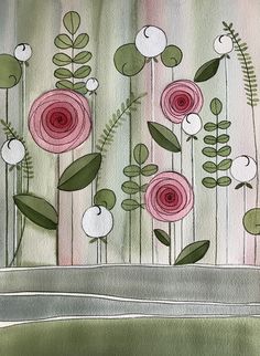 a painting of pink flowers and green leaves on a striped background with white circles in the center