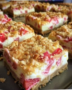 several pieces of dessert sitting on top of a pan