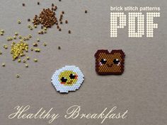 two pieces of bead art with the words healthy breakfast written in white and yellow