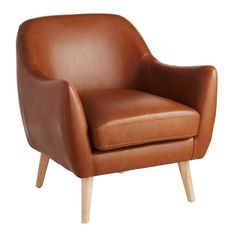 a brown leather chair with wooden legs