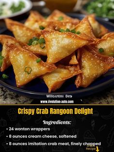 crispy crab rangoon delight ingredients on a blue plate with green garnishes