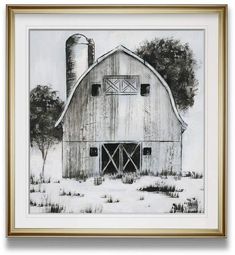 a drawing of a barn in the snow