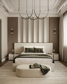 a large white bed sitting under a chandelier in a bedroom next to a window