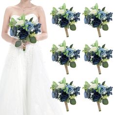 a woman in a wedding dress holding a bridal bouquet with blue and white flowers