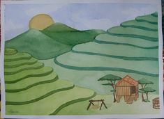 a drawing of a farm scene with mountains in the background