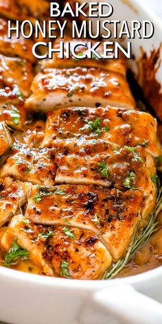 baked honey mustard chicken in a white casserole dish