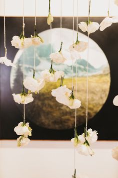 white flowers hanging from strings in front of a painting