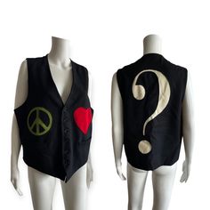 Extremely rare 90s Moschino peace wool vest . Size I 54, USA 44. Chest 110 cm , length 55 cm . Moschino Cheap And Chic, Letter Gifts, Unisex Gift, Gifts Fo, Wool Vest, Vest Outfits, Unisex Gifts, Question Mark, Black Sleeveless