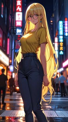 a woman with long blonde hair and glasses standing on the street in front of neon signs