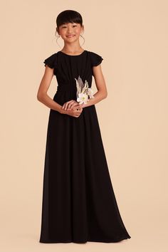 This sweet ruffle-sleeved dress is a dream for a junior bridesmaid. This design features a waistband tie in back for juniors who are between sizes. Black Junior Bridesmaid Dress, Emerald Bridesmaid Dress, Black Chiffon Bridesmaid Dresses, Emerald Bridesmaid, Bridesmaid Dress Chiffon, Junior Dress, Winter Bridesmaid Dresses, Birdy Grey, Dress Chiffon