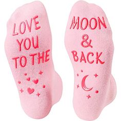 LOVE YOU TO THE MOON AND BACK SOCKSValentines day socks. Spread the love by sporting these heart socks adorn with funny non-slip design: LOVE YOU TO THE MOON AND BACK. See your mom smile as they open the fun gift at their next birthday party. Your wife will cherish these cozy socks and wear them regularly around the house. Your beSIZE & PACKINGOne size fits most.Mom socks. One size fits all socks, recommend women shoe size 6-11, men shoe size 7-10; 1 pair comes in each plastic zippered HAPPY Valentines Day Gifts For Wife, Valentines Socks, Stocking Stuffers For Mom, Valentine Gift For Wife, Heart Socks, Valentines Day Gifts, Gifts For Bookworms, Funny Socks, Perfect Stocking Stuffers