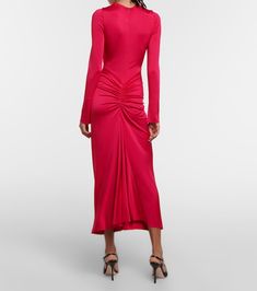 Find VICTORIA BECKHAM Gathered Jersey Midi Dress on Editorialist. Material: 96% viscose, 4% elastane. Care instructions: dry clean. Made in Portugal. Designer color name: Pink. Fitted Ruched Silk Midi Dress, Ruched Sheath Midi Dress, Long Sleeve Ruched Viscose Dress, Fitted Rayon Dress For Formal Occasions, Formal Fitted Rayon Dress, Stretch Rayon Dresses, Formal Fitted Midi Dress In Rayon, Spring Bodycon Viscose Dress, Spring Viscose Bodycon Dress