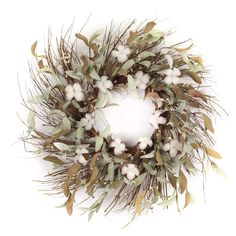 a wreath with white flowers and green leaves on a white background, isolated for use as a decoration