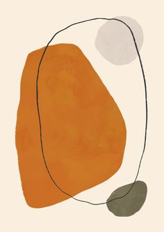 an orange and white abstract painting with black lines on the bottom half of it, against a beige background