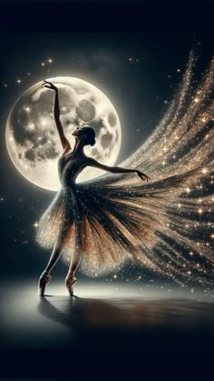 a woman is dancing in front of the moon