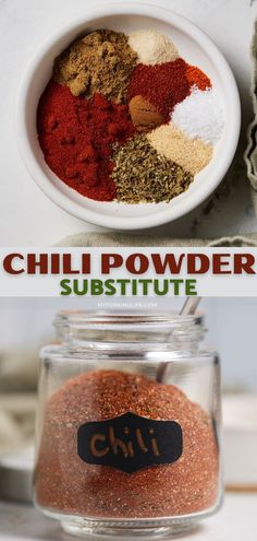 chili powder and seasoning mix in a glass jar with the words chilli powder on it