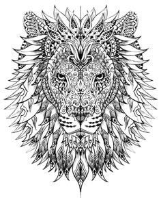 a black and white drawing of a lion's head with intricate patterns on it