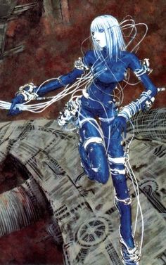 a drawing of a woman with white hair and blue skin is flying through the air