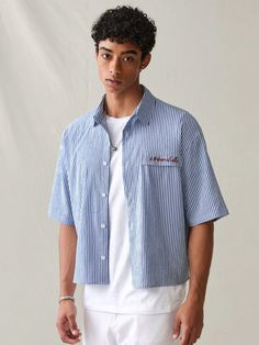 Men's Casual Striped Print Loose Fit Short Sleeve Shirt, Spring And Summer Blue Casual  Short Sleeve Knitted Fabric Letter,Plain,Striped Shirt Non-Stretch  Men Clothing, size features are:Bust: ,Length: ,Sleeve Length: Blue And White Outfit Men, Work Shirt Outfit, Striped Shirt Outfit Men, Loose Shirt Outfit, Blue Shirt Outfit Men, Blue Outfit Men, Cowboy Outfit For Men, Outfits With Striped Shirts, Blue And White Outfits